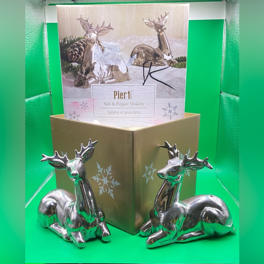 Pier 1 Imports Silver Metallic Reindeer Salt and Pepper Shakers Christmas w/Box